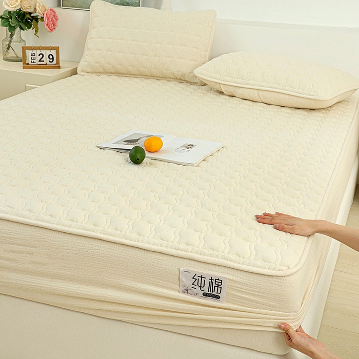 豪选家纺 2025新款A类抗菌高支高密纯棉色织正宗双层纱夹棉床笠 杏仁黄