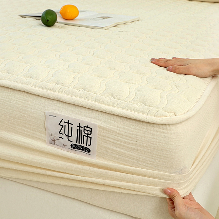 91家纺网 家纺一手货源 找家纺 豪选家纺 2025新款A类抗菌高支高密纯棉色织正宗双层纱夹棉床笠 杏仁黄