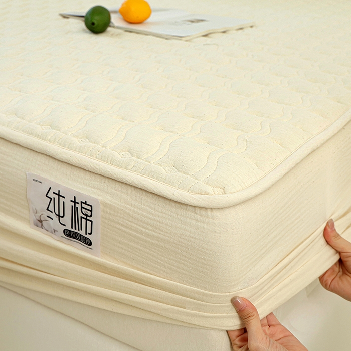 91家纺网 家纺一手货源 找家纺 豪选家纺 2025新款A类抗菌高支高密纯棉色织正宗双层纱夹棉床笠 杏仁黄