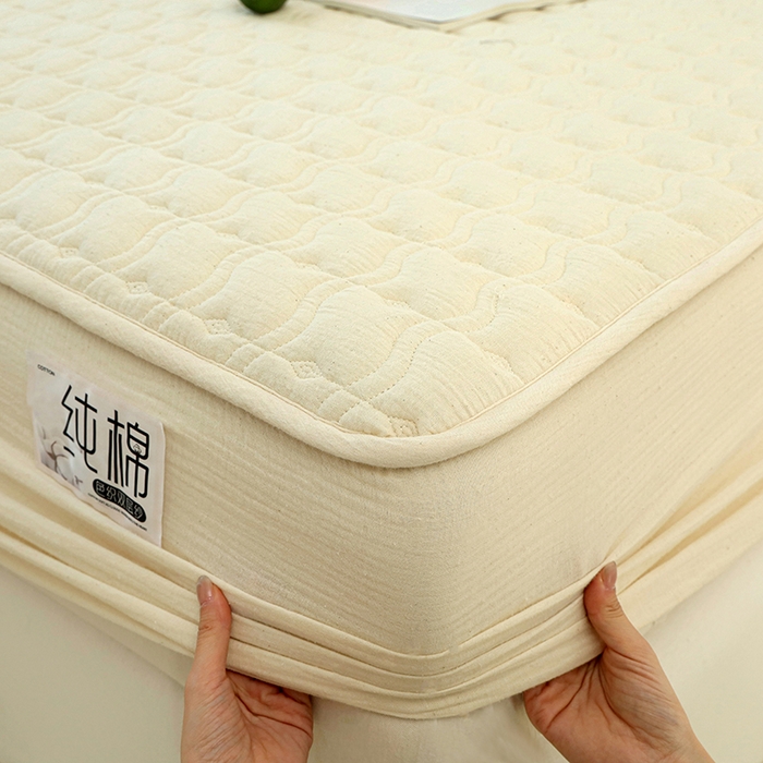 91家纺网 家纺一手货源 找家纺 豪选家纺 2025新款A类抗菌高支高密纯棉色织正宗双层纱夹棉床笠 杏仁黄