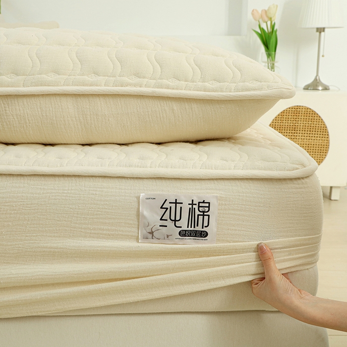 91家纺网 家纺一手货源 找家纺 豪选家纺 2025新款A类抗菌高支高密纯棉色织正宗双层纱夹棉床笠 杏仁黄