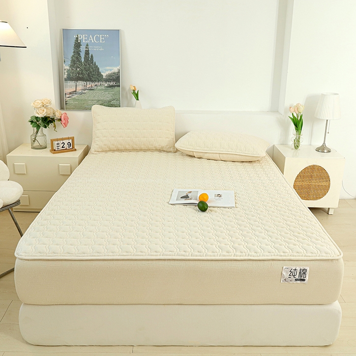 91家纺网 家纺一手货源 找家纺 豪选家纺 2025新款A类抗菌高支高密纯棉色织正宗双层纱夹棉床笠 杏仁黄