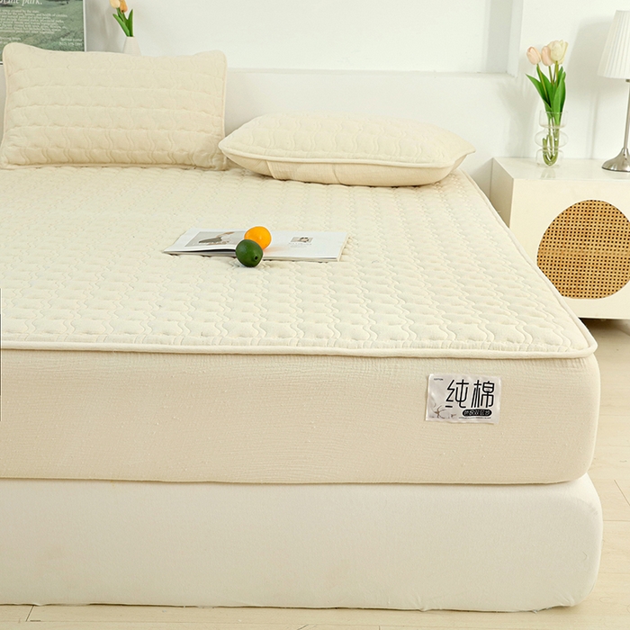 91家纺网 家纺一手货源 找家纺 豪选家纺 2025新款A类抗菌高支高密纯棉色织正宗双层纱夹棉床笠 杏仁黄