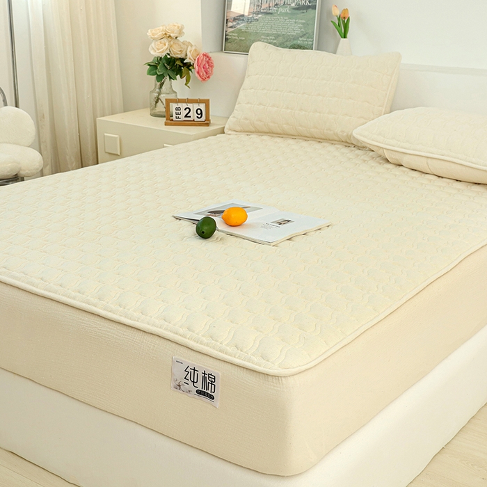 91家纺网 家纺一手货源 找家纺 豪选家纺 2025新款A类抗菌高支高密纯棉色织正宗双层纱夹棉床笠 杏仁黄