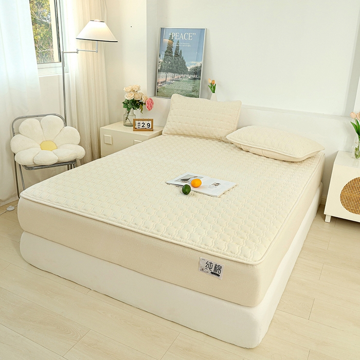 91家纺网 家纺一手货源 找家纺 豪选家纺 2025新款A类抗菌高支高密纯棉色织正宗双层纱夹棉床笠 杏仁黄