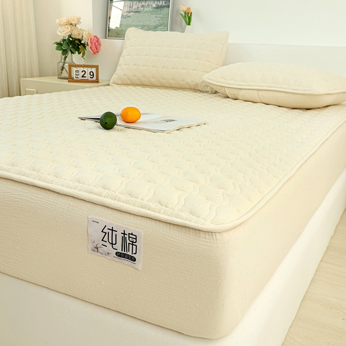 91家纺网 家纺一手货源 找家纺 豪选家纺 2025新款A类抗菌高支高密纯棉色织正宗双层纱夹棉床笠 杏仁黄