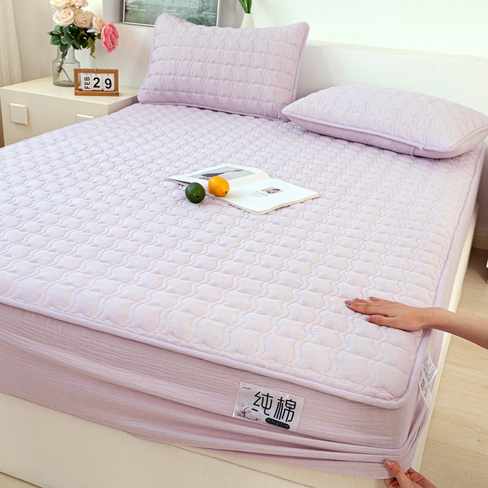 豪选家纺 2025新款A类抗菌高支高密纯棉色织正宗双层纱夹棉床笠 薰衣紫