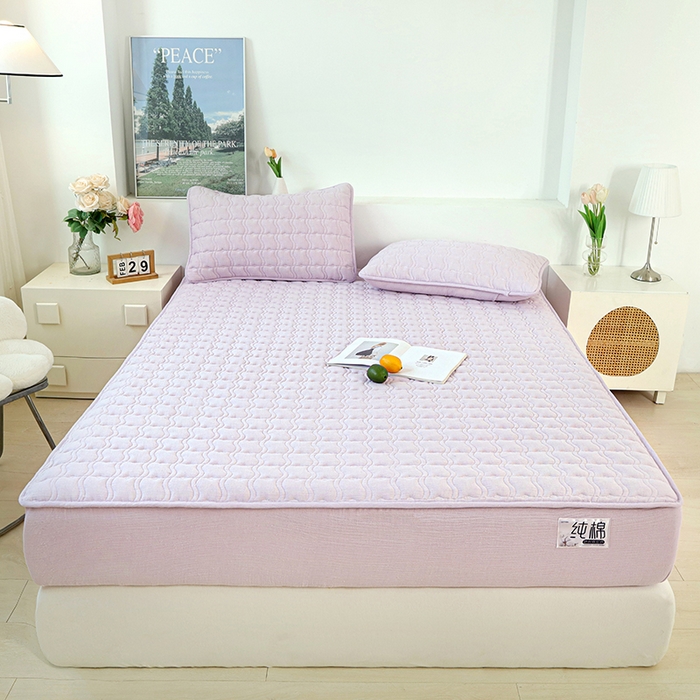 91家纺网 家纺一手货源 找家纺 豪选家纺 2025新款A类抗菌高支高密纯棉色织正宗双层纱夹棉床笠 薰衣紫