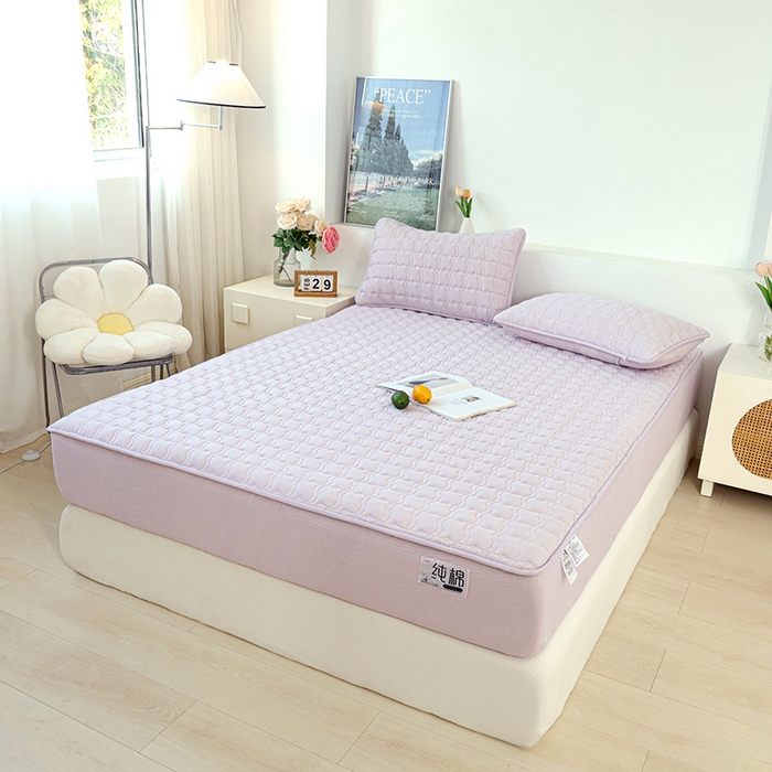 91家纺网 家纺一手货源 找家纺 豪选家纺 2025新款A类抗菌高支高密纯棉色织正宗双层纱夹棉床笠 薰衣紫