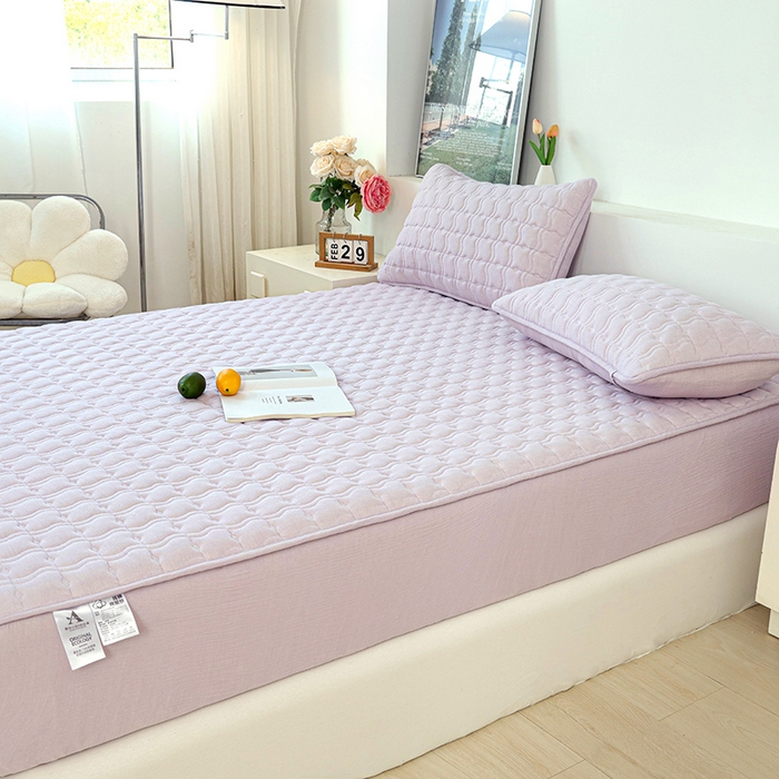 91家纺网 家纺一手货源 找家纺 豪选家纺 2025新款A类抗菌高支高密纯棉色织正宗双层纱夹棉床笠 薰衣紫