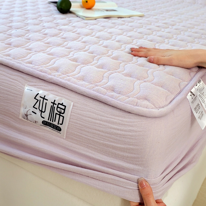 91家纺网 家纺一手货源 找家纺 豪选家纺 2025新款A类抗菌高支高密纯棉色织正宗双层纱夹棉床笠 薰衣紫