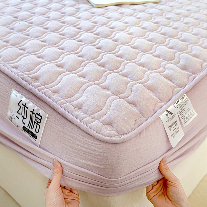 91家纺网 家纺一手货源 找家纺 豪选家纺 2025新款A类抗菌高支高密纯棉色织正宗双层纱夹棉床笠 薰衣紫