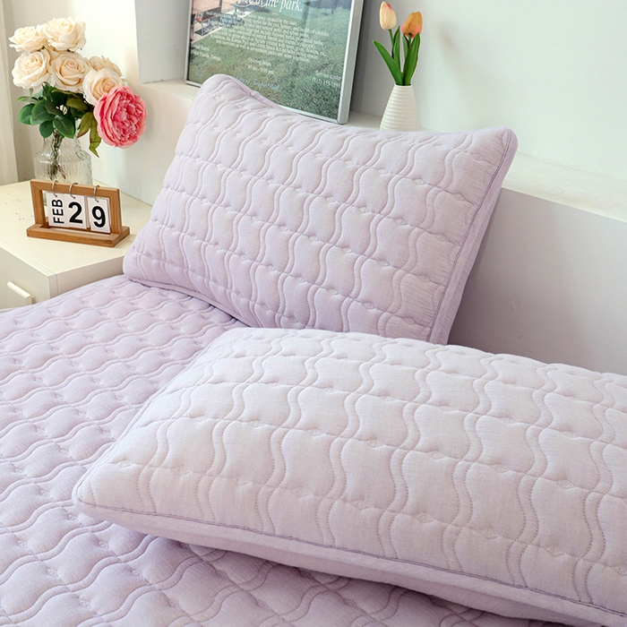 91家纺网 家纺一手货源 找家纺 豪选家纺 2025新款A类抗菌高支高密纯棉色织正宗双层纱夹棉床笠 薰衣紫