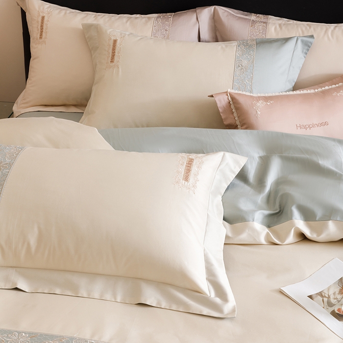 91家纺网 家纺一手货源 找家纺 艾莱家纺 2025新款A类100支长绒棉纯棉四件套-玛格丽特 玛格丽特-蓝绿-奶昔黄