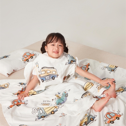 艾佳宝贝 2025A类全棉纱布护肚防踢睡袋多功能盖毯宝宝夏被 巴士汽车