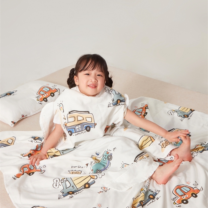 91家纺网 家纺一手货源 找家纺 艾佳宝贝 2025A类全棉纱布护肚防踢睡袋多功能盖毯宝宝夏被 巴士汽车