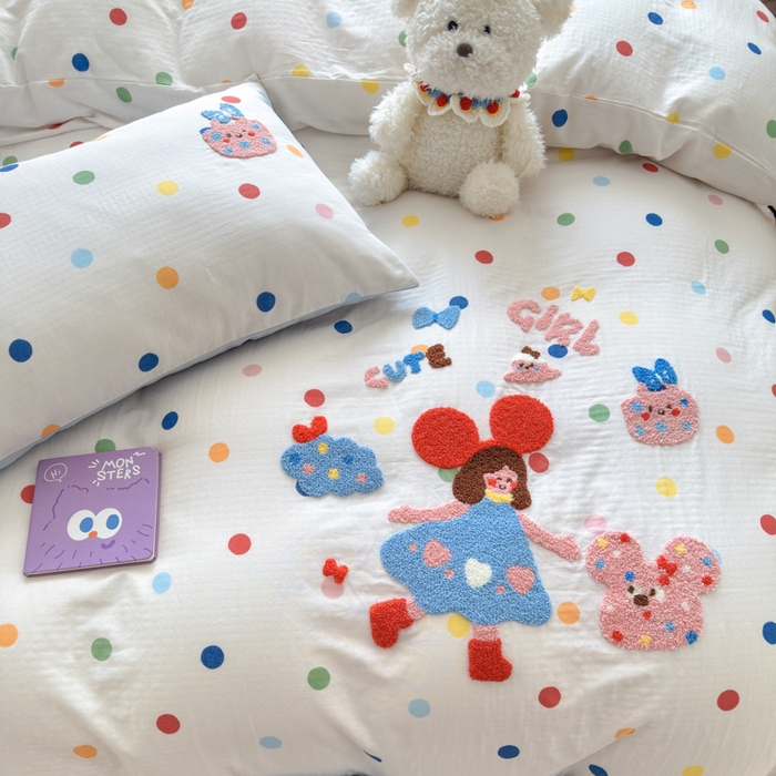 91家纺网 家纺一手货源 找家纺 如意朵 2025新款全棉双层纱小清新绣花四件套（专版花型） 快乐女孩