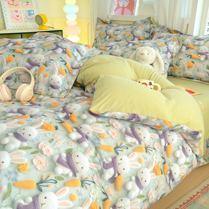 91家纺网 家纺一手货源 找家纺 恋之语 2025新款数码印花四件套卡通款 萌兔胡萝卜