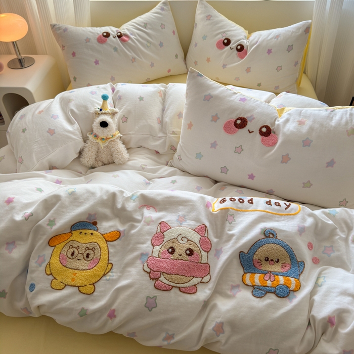 91家纺网 家纺一手货源 找家纺 如意朵 2025新款全棉双层纱小清新绣花四件套（专版花型） 蛋仔派对