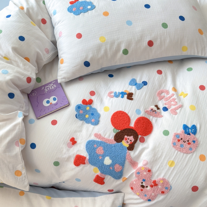 91家纺网 家纺一手货源 找家纺 如意朵 2025新款全棉双层纱小清新绣花四件套（专版花型） 快乐女孩