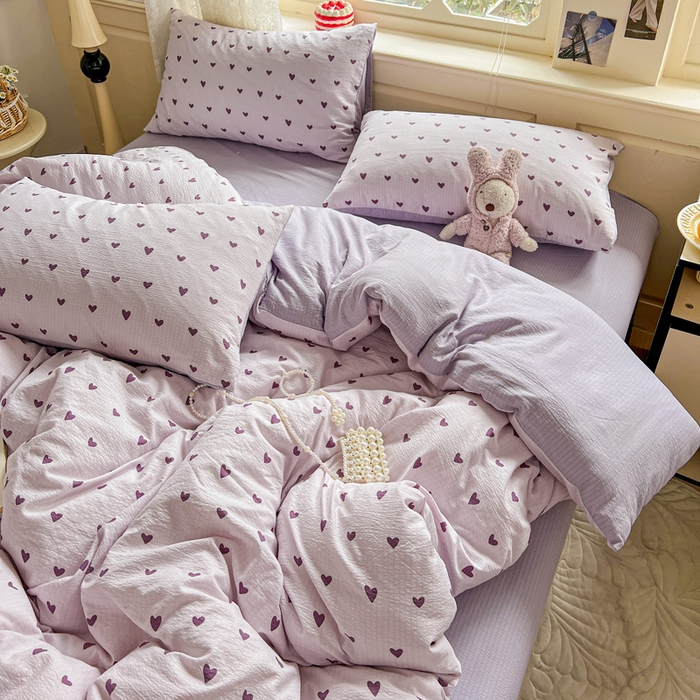 91家纺网 家纺一手货源 找家纺 一比一 2026新款云感皱皱双层纱四件套-简单款 紫爱心