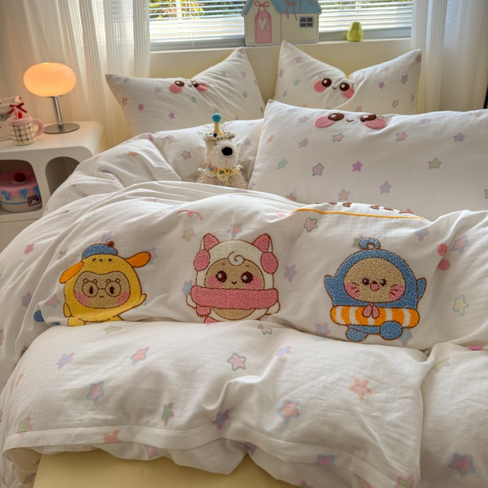 91家纺网 家纺一手货源 找家纺 如意朵 2025新款全棉双层纱小清新绣花四件套（专版花型） 蛋仔派对