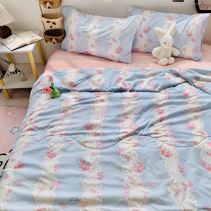 91家纺网 家纺一手货源 找家纺 2025新款1活性印染水洗棉大豆夏被 夏被-玫瑰小兔