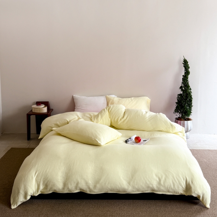 91家纺网 家纺一手货源 找家纺 山舍家居 2025新款皱皱双层纱纯色四件套 春日野芒