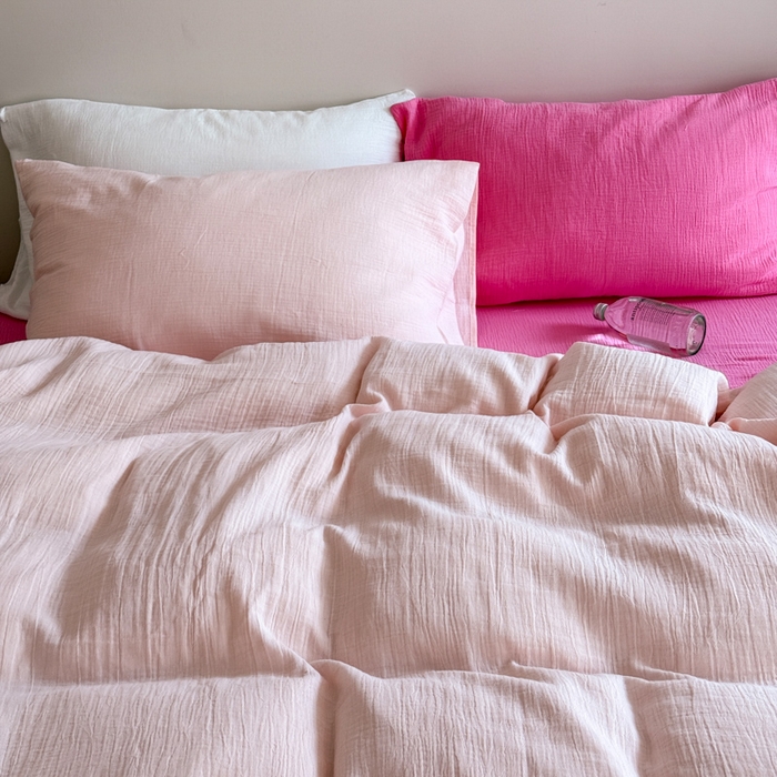 91家纺网 家纺一手货源 找家纺 山舍家居 2025新款皱皱双层纱纯色四件套 蔷薇小姐