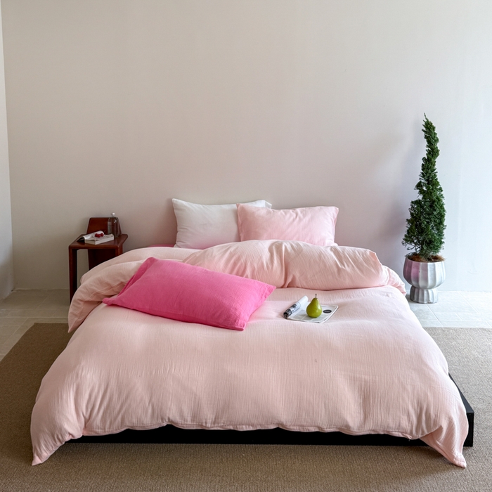 91家纺网 家纺一手货源 找家纺 山舍家居 2025新款皱皱双层纱纯色四件套 蔷薇小姐