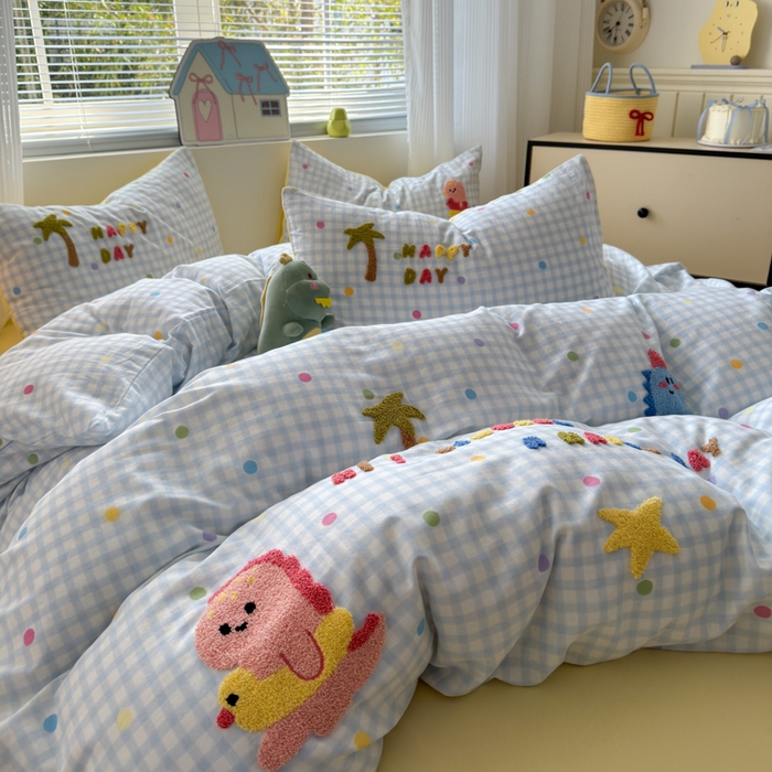 91家纺网 家纺一手货源 找家纺 如意朵 2025新款全棉双层纱小清新绣花四件套（专版花型） 恐龙派对