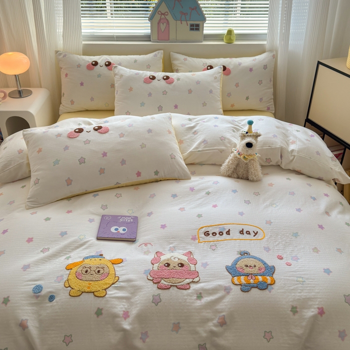 91家纺网 家纺一手货源 找家纺 如意朵 2025新款全棉双层纱小清新绣花四件套（专版花型） 蛋仔派对