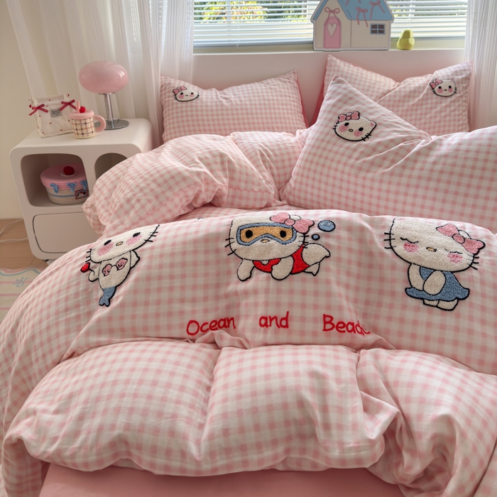 91家纺网 家纺一手货源 找家纺 如意朵 2025新款全棉双层纱小清新绣花四件套（专版花型） 猫咪派对