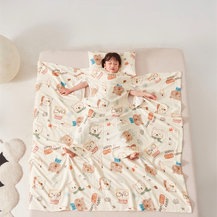 91家纺网 家纺一手货源 找家纺 艾佳宝贝 2025A类全棉纱布护肚防踢睡袋多功能盖毯宝宝夏被 憨憨萌熊