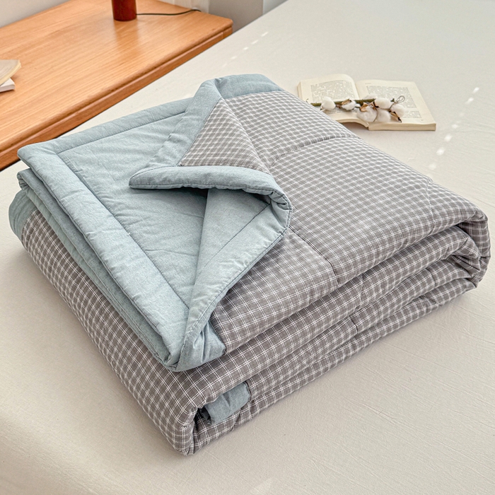 91家纺网 家纺一手货源 找家纺 棉乐町家居 2025新款里外全棉手包边棉花夏被 细灰条