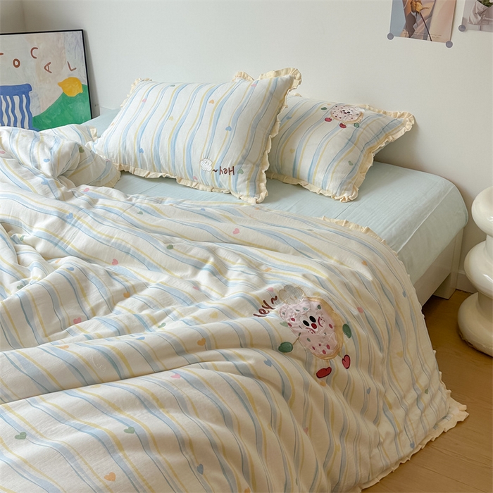 91家纺网 家纺一手货源 找家纺 潘朵拉家纺 2025新款全棉双层纱面包超人系列四件套 面包超人蓝