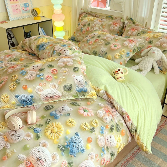 91家纺网 家纺一手货源 找家纺 恋之语 2025新款数码印花四件套卡通款 小熊花园