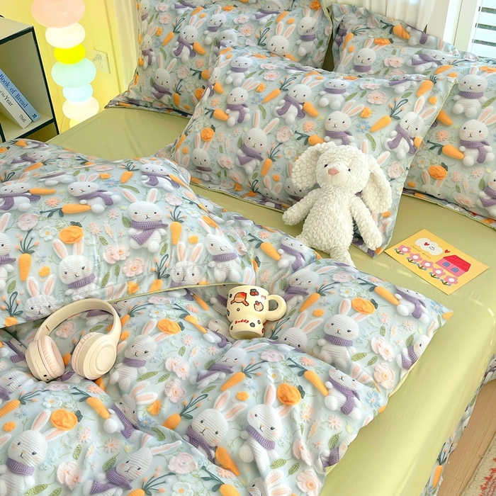 91家纺网 家纺一手货源 找家纺 恋之语 2025新款数码印花四件套卡通款 萌兔胡萝卜