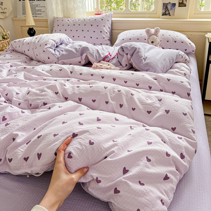 91家纺网 家纺一手货源 找家纺 一比一 2026新款云感皱皱双层纱四件套-简单款 紫爱心