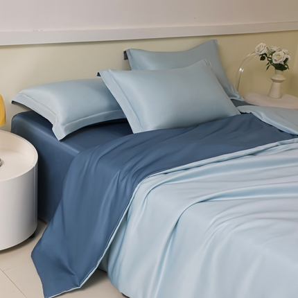91家纺网 家纺一手货源 找家纺 多乐家纺 2025新款水洗冰丝真丝纯色双拼枕套 天空蓝+宾利蓝