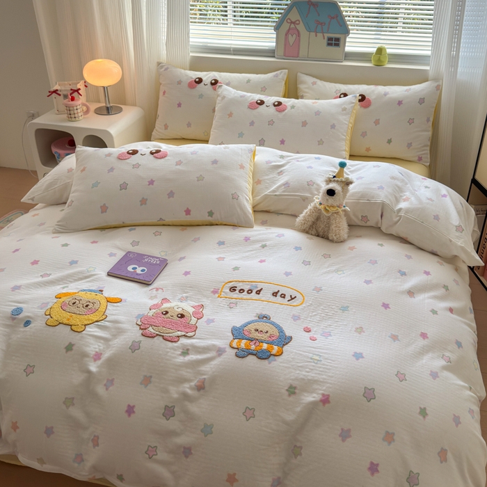 91家纺网 家纺一手货源 找家纺 如意朵 2025新款全棉双层纱小清新绣花四件套（专版花型） 蛋仔派对