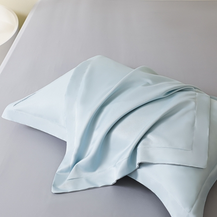 多乐家纺 2025新款水洗冰丝真丝纯色双拼枕套 天空蓝+浅灰