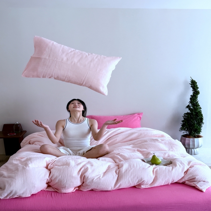 91家纺网 家纺一手货源 找家纺 （总）山舍家居 2025新款皱皱双层纱纯色四件套