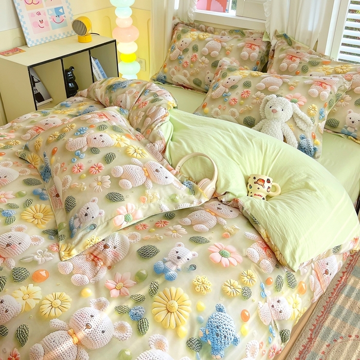 91家纺网 家纺一手货源 找家纺 恋之语 2025新款数码印花四件套卡通款 小熊花园