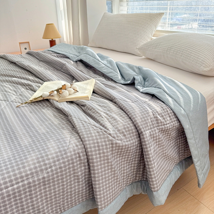 91家纺网 家纺一手货源 找家纺 棉乐町家居 2025新款里外全棉手包边棉花夏被 细灰条