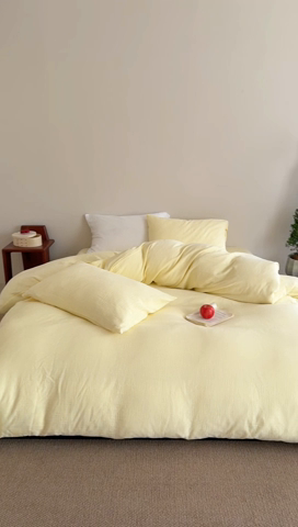 91家纺网 家纺一手货源 找家纺 山舍家居 2025新款皱皱双层纱纯色四件套 半见