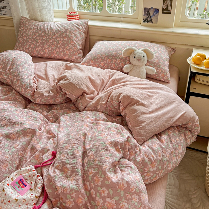 91家纺网 家纺一手货源 找家纺 一比一 2026新款云感皱皱双层纱四件套-简单款 水墨丹青红