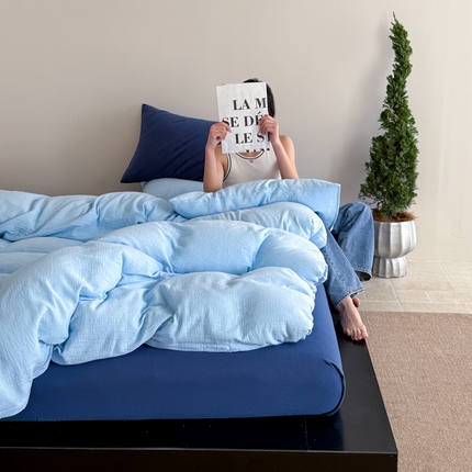 山舍家居 2025新款皱皱双层纱纯色四件套 海风蓝蓝