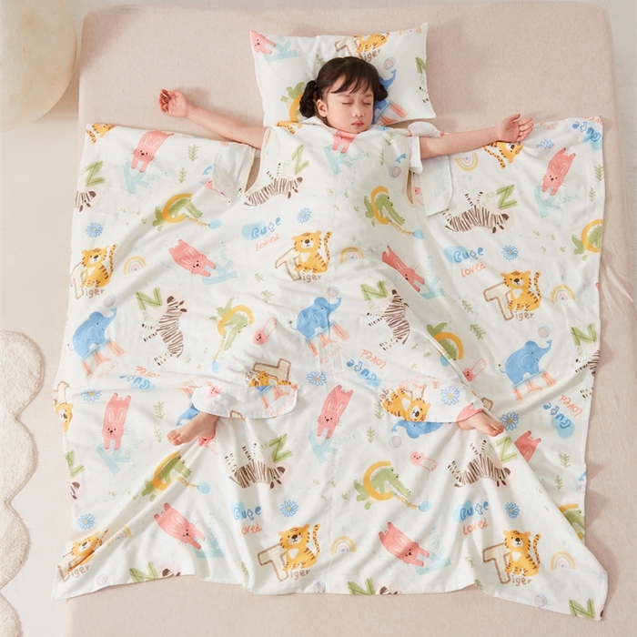 91家纺网 家纺一手货源 找家纺 艾佳宝贝 2025A类全棉纱布护肚防踢睡袋多功能盖毯宝宝夏被 动物的世界