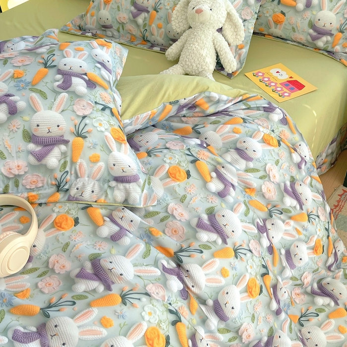 91家纺网 家纺一手货源 找家纺 恋之语 2025新款数码印花四件套卡通款 萌兔胡萝卜